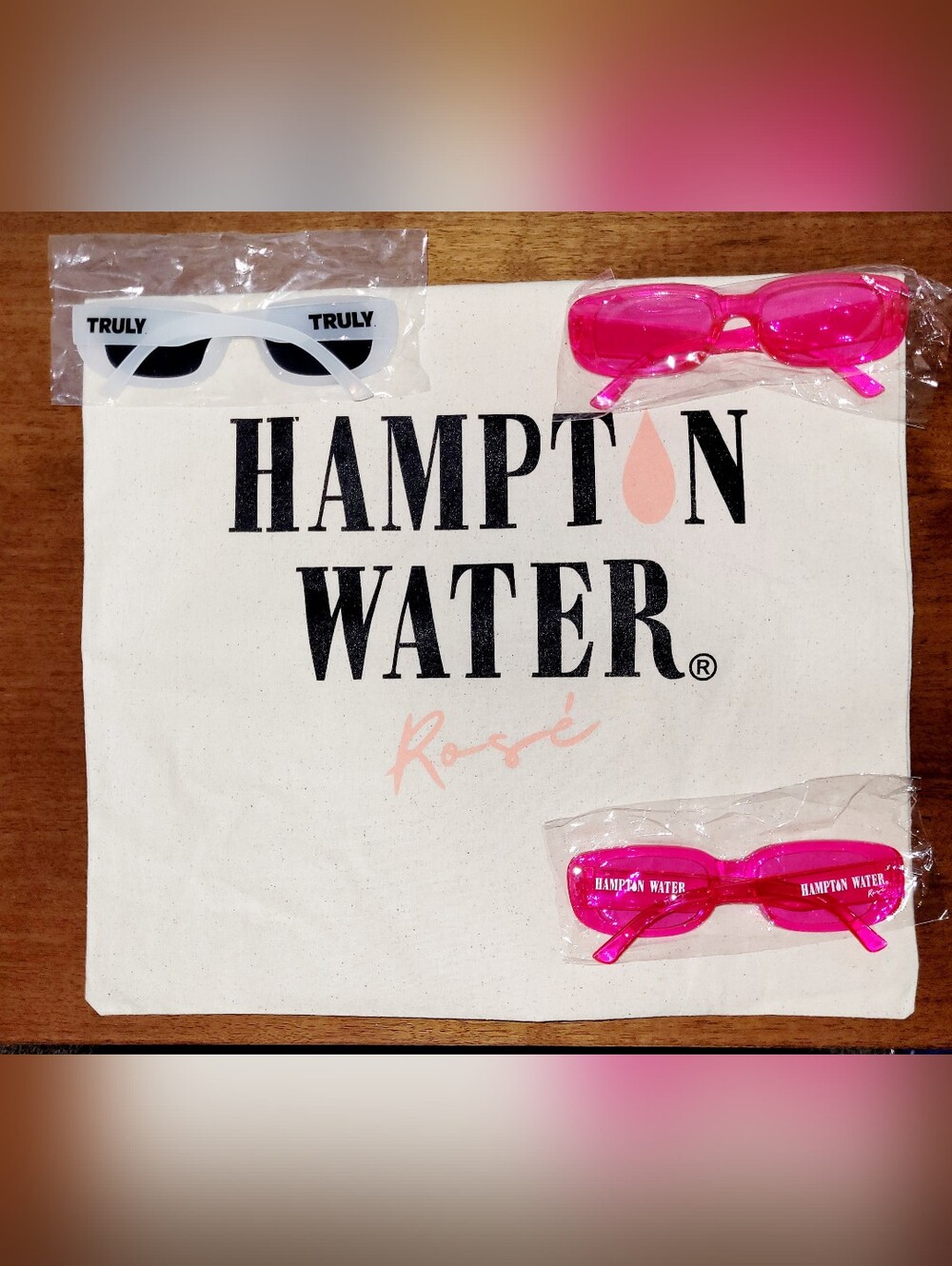 New Hampton Water Rose' Wine Bon Jovi Recycled Bag, 2 Pink Sunglasses & 1 Truly